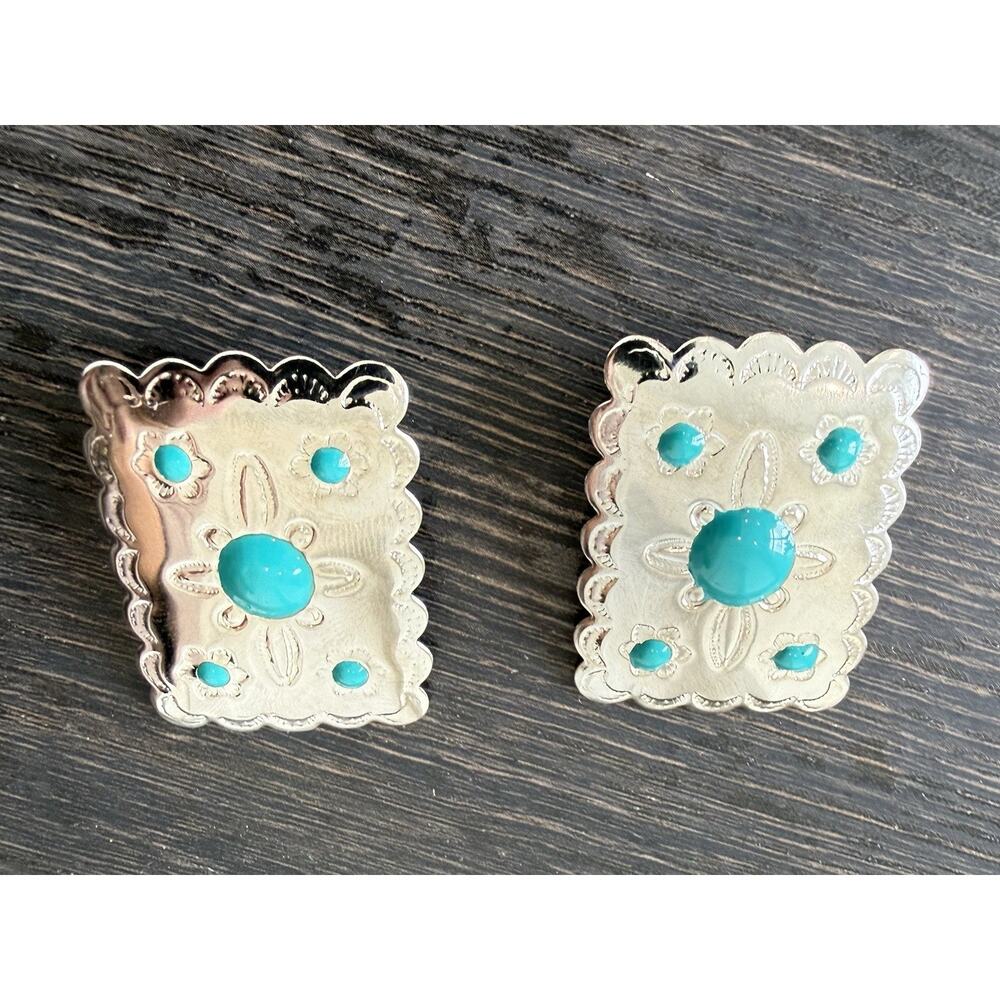 Vintage Silver Tone Turquoise Concho Stud Earrings Southwest 1.75”